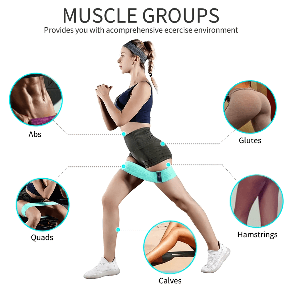 Woman using fabric resistance band for glute exercise, targeting abs, glutes, quads, hamstrings, and calves in workout.